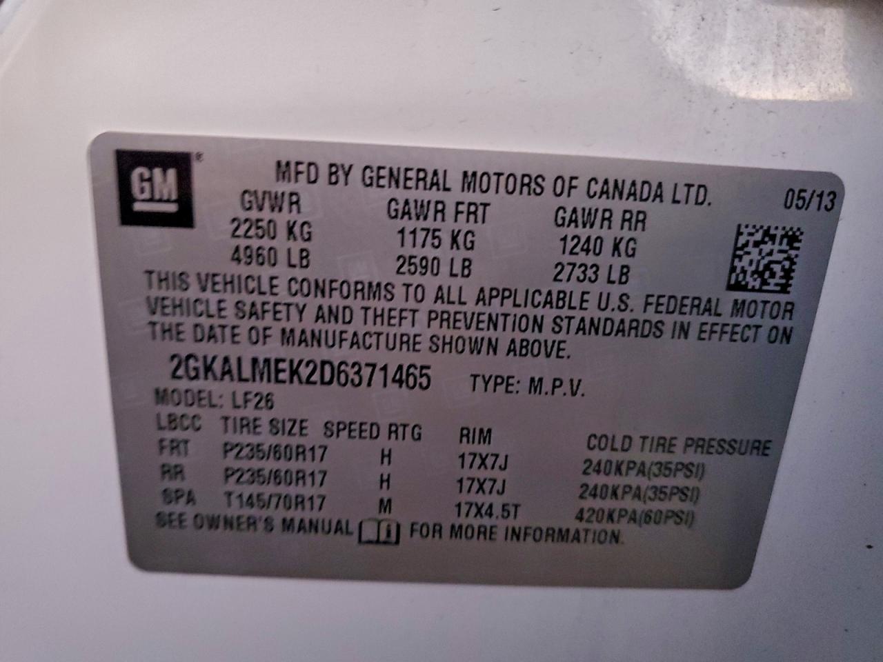 2013 GMC Terrain Sle VIN: 2GKALMEK2D6371465 Lot: 94410005