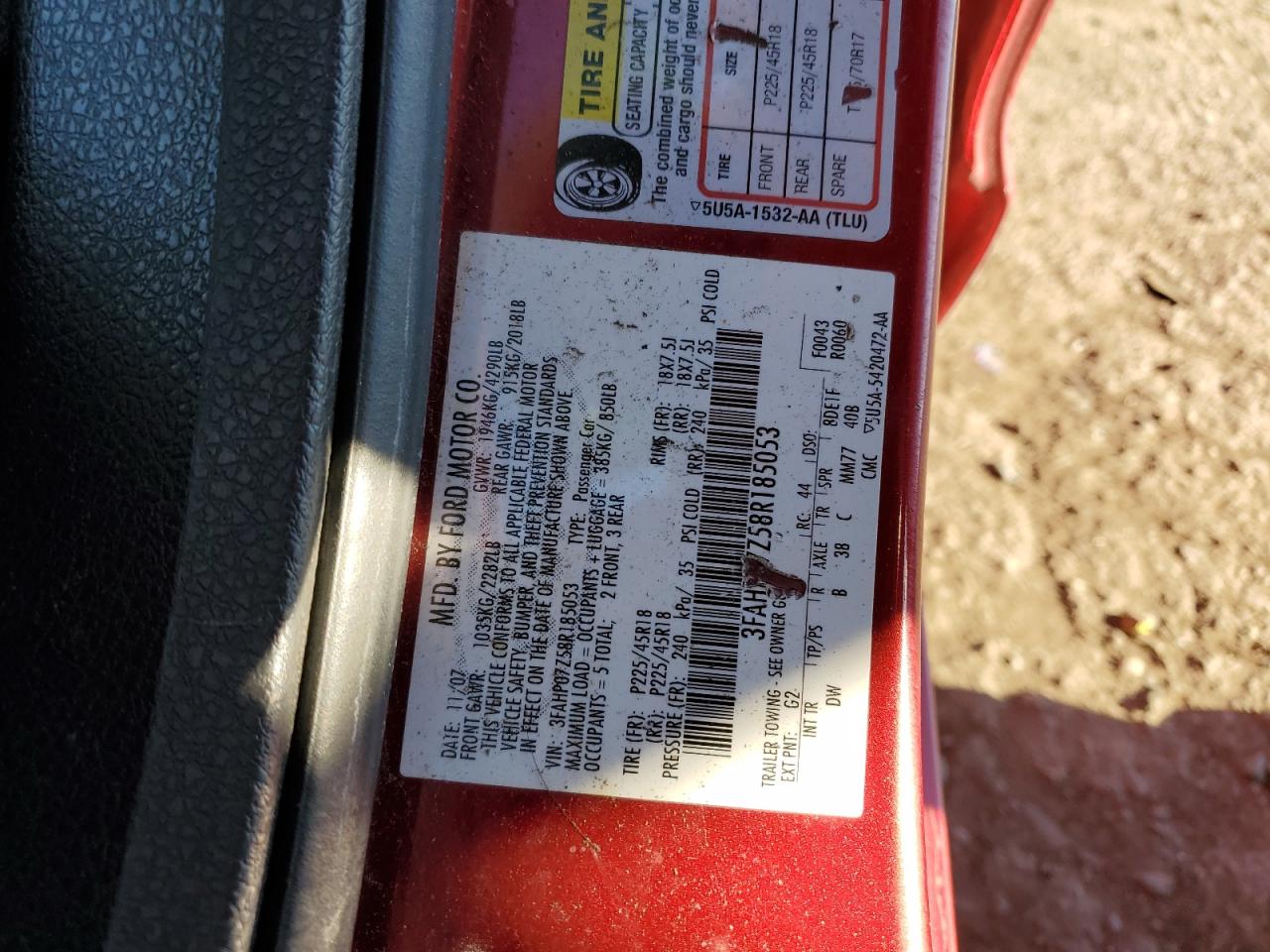 2008 Ford Fusion Se VIN: 3FAHP07Z58R185053 Lot: 92810945