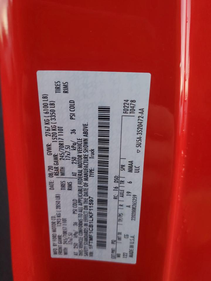 2020 Ford F150 VIN: 1FTMF1CB1LKF11597 Lot: 93334085