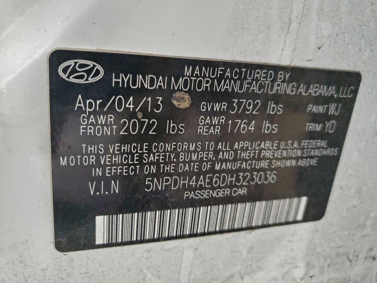 2013 Hyundai Elantra Gls VIN: 5NPDH4AE6DH323036 Lot: 94496125