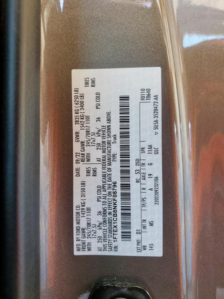 2022 Ford F150 Super Cab VIN: 1FTEX1CB8NKF08796 Lot: 91806845