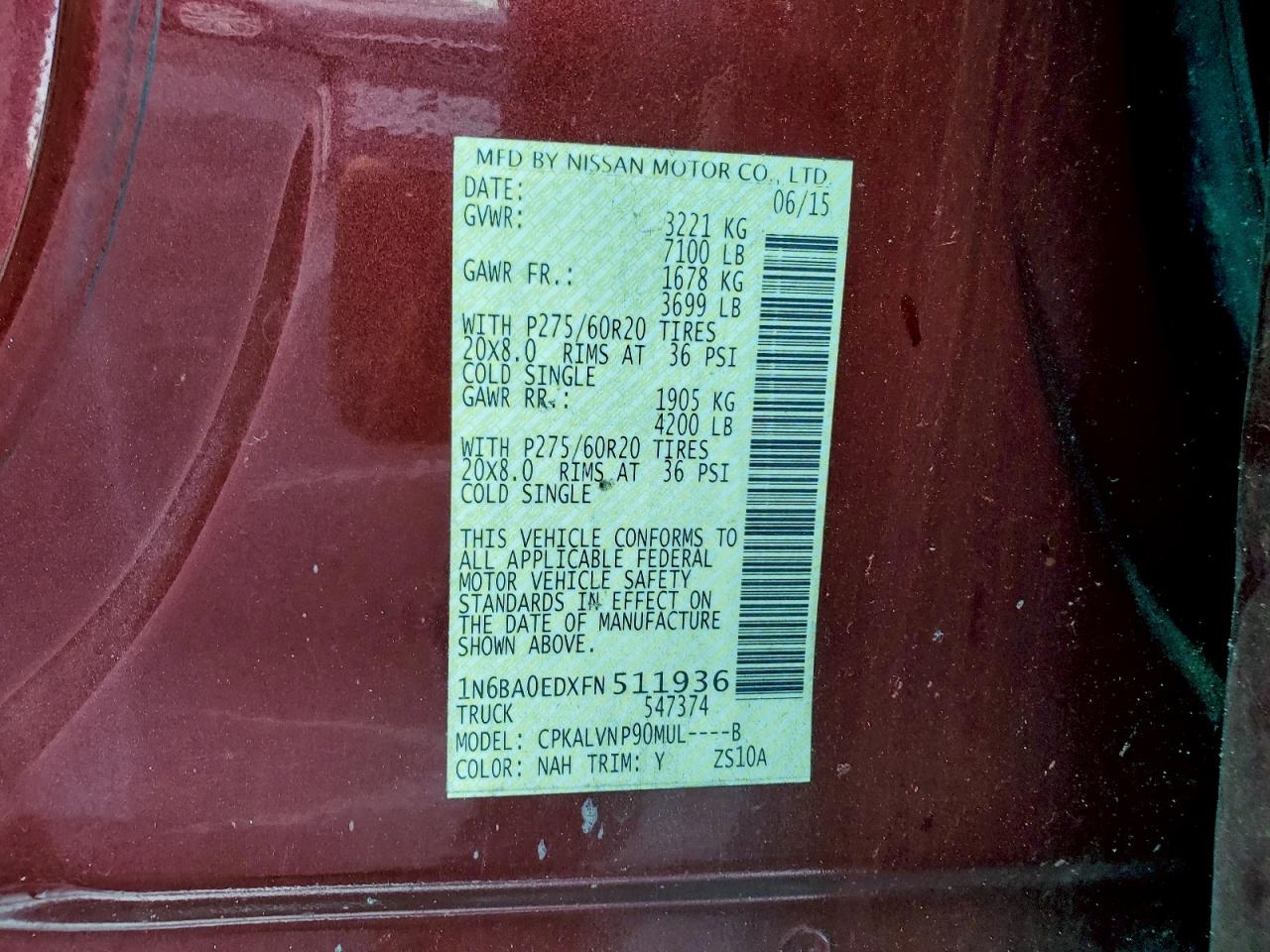 2015 Nissan Titan S VIN: 1N6BA0EDXFN511936 Lot: 94451645