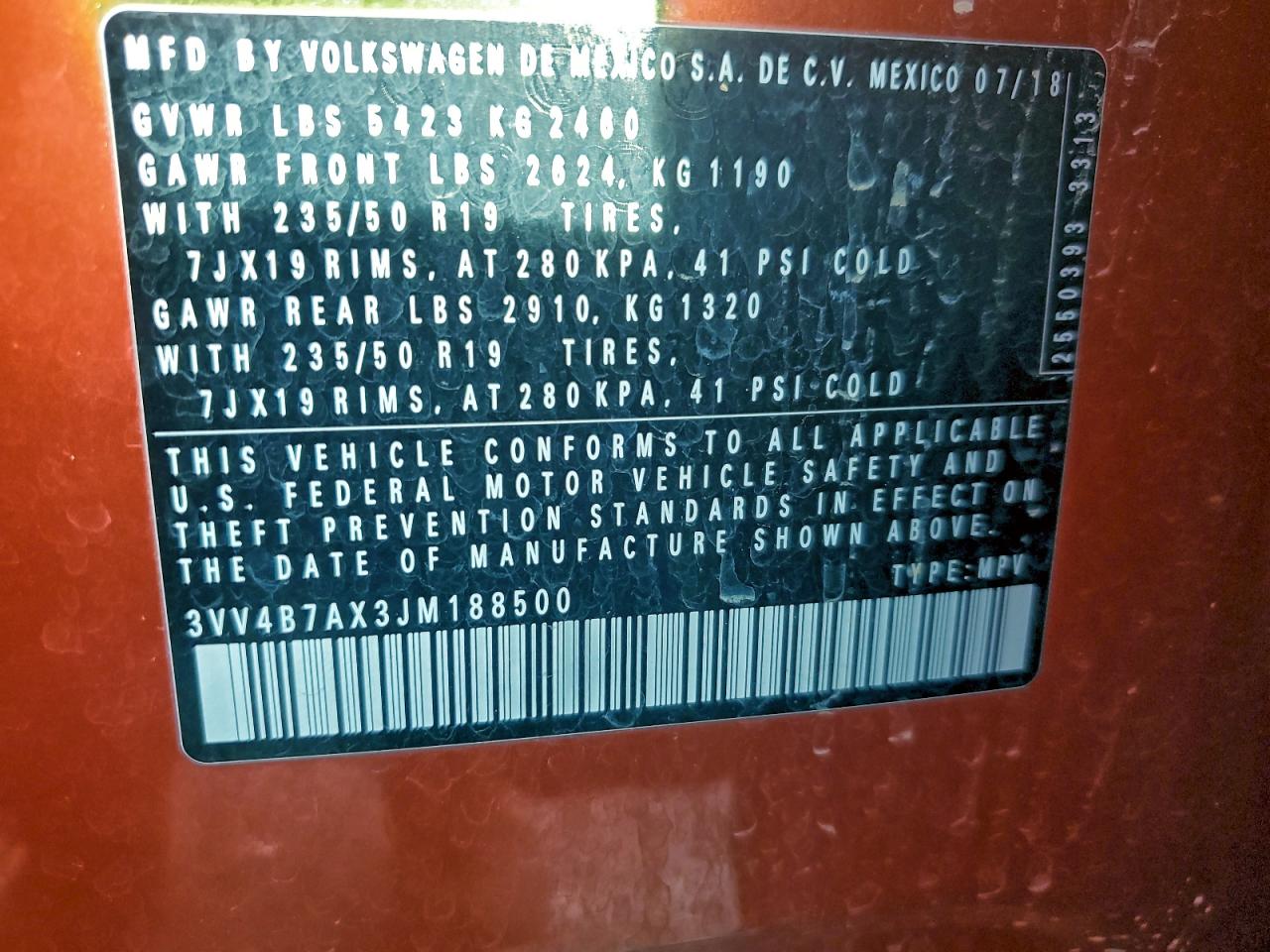 2018 Volkswagen Tiguan Sel Premium VIN: 3VV4B7AX3JM188500 Lot: 94392615