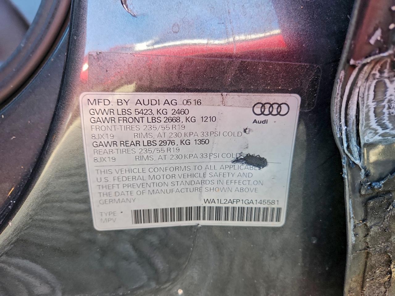 2016 Audi Q5 Premium Plus VIN: WA1L2AFP1GA145581 Lot: 93108585