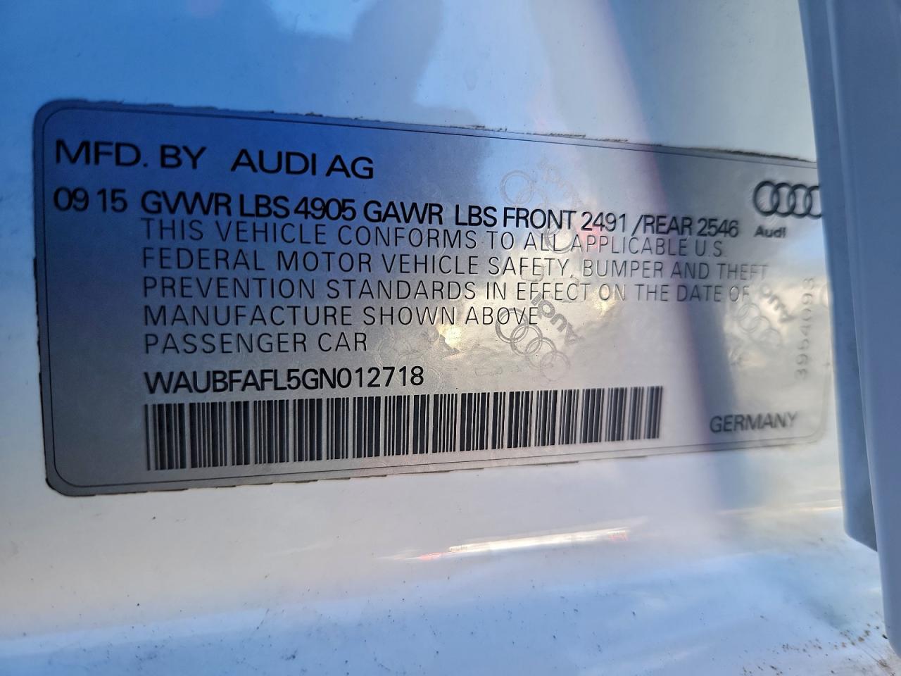 2016 Audi A4 Premium S-Line VIN: WAUBFAFL5GN012718 Lot: 93347015