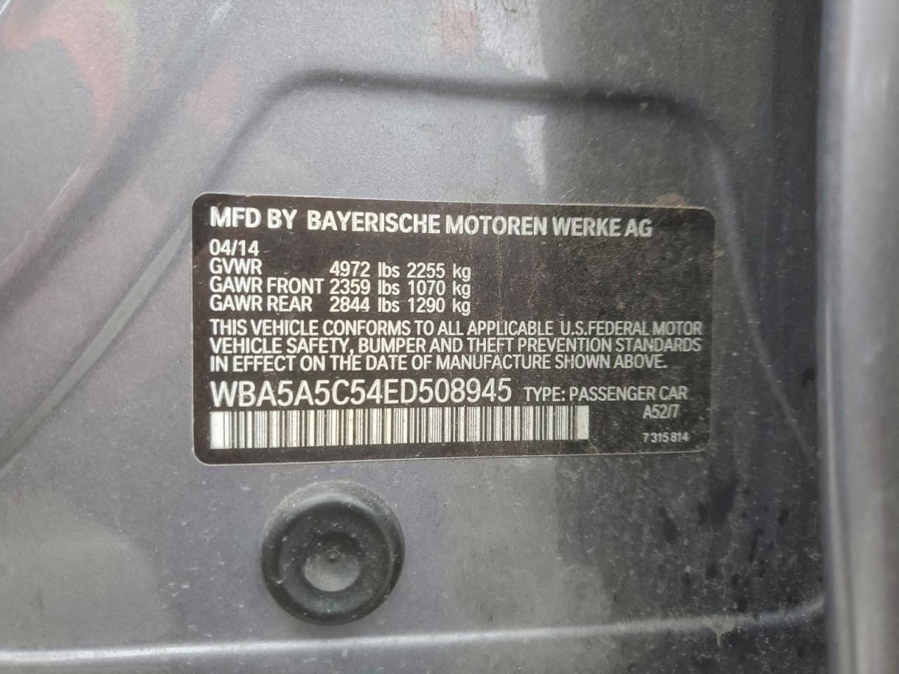 2014 BMW 528 I VIN: WBA5A5C54ED508945 Lot: 94061535