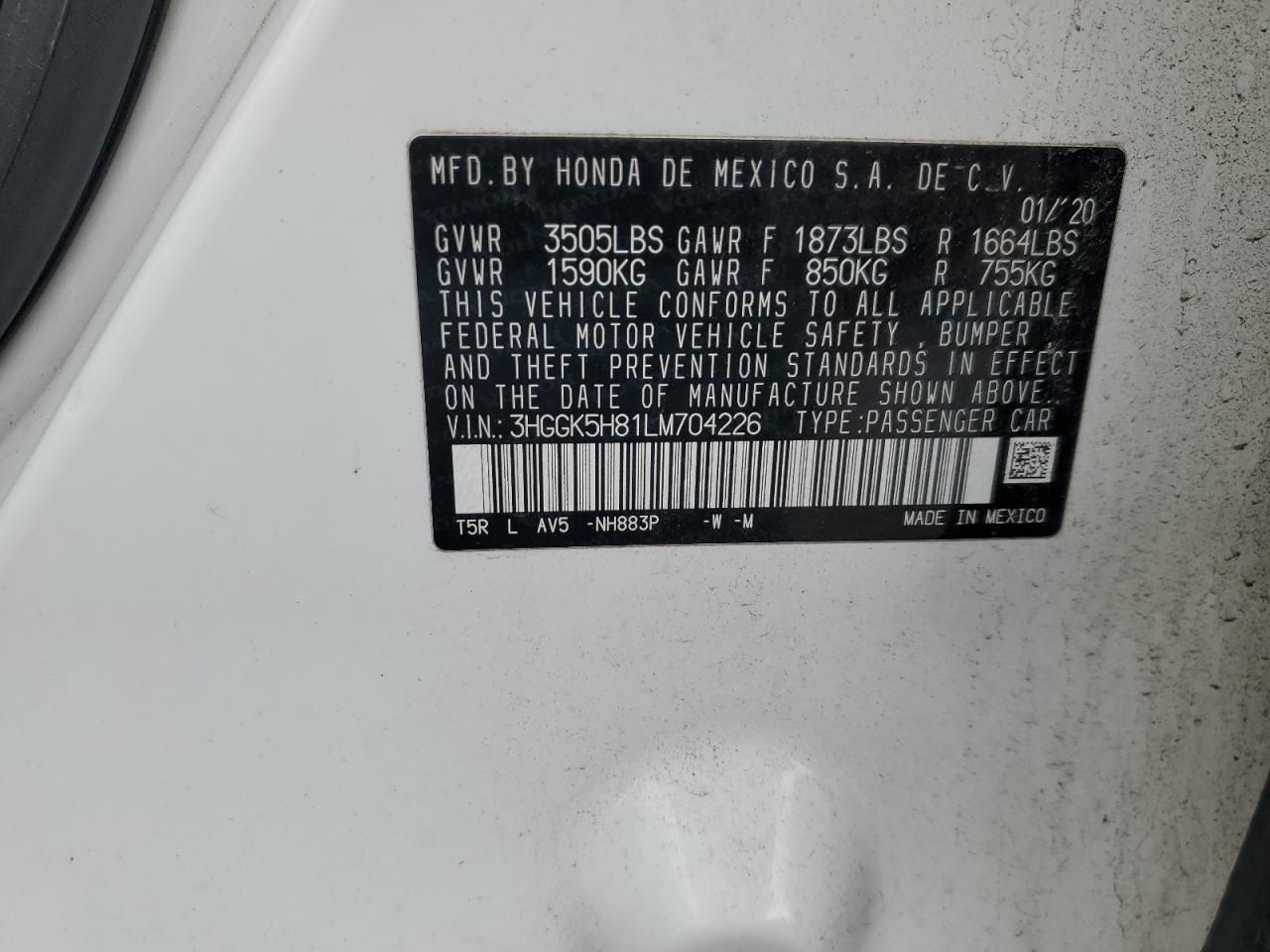 2020 Honda Fit Ex VIN: 3HGGK5H81LM704226 Lot: 91540395