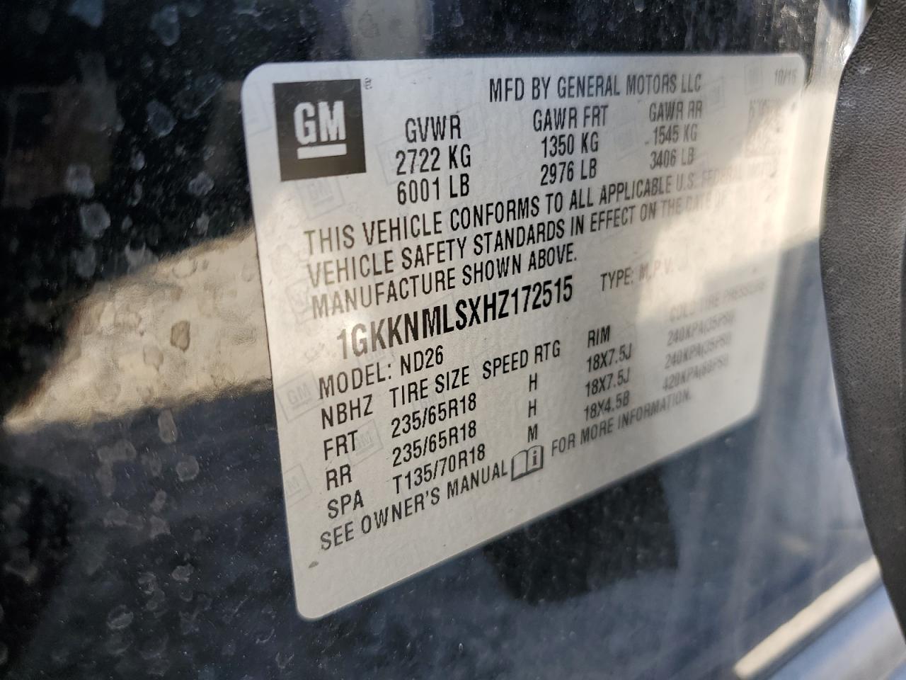 2017 GMC Acadia Slt-1 VIN: 1GKKNMLSXHZ172515 Lot: 91129975