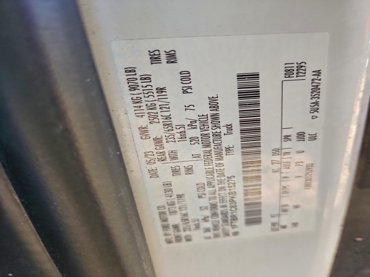 2023 Ford Transit T-250 VIN: 1FTBR1C83PKB15275 Lot: 93733785