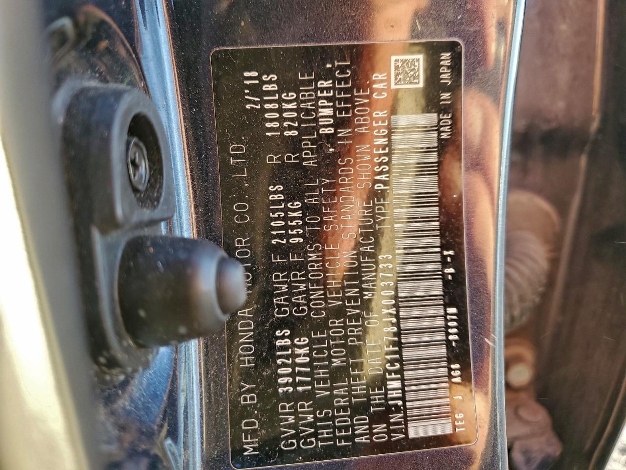 2018 Honda Civic Exl VIN: JHMFC1F78JX003733 Lot: 94252965