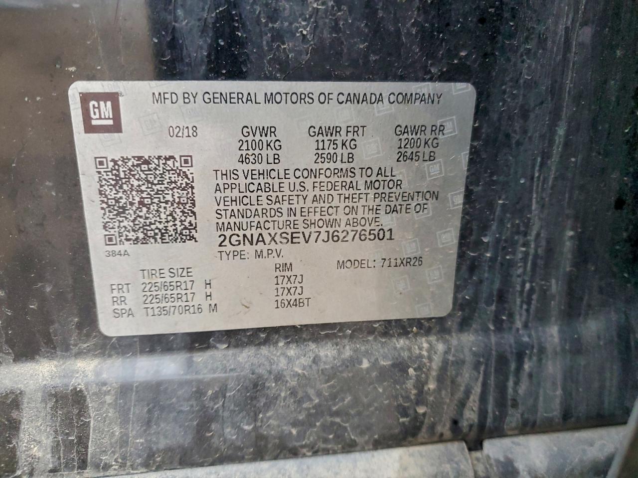 2018 Chevrolet Equinox Lt VIN: 2GNAXSEV7J6276501 Lot: 94316775