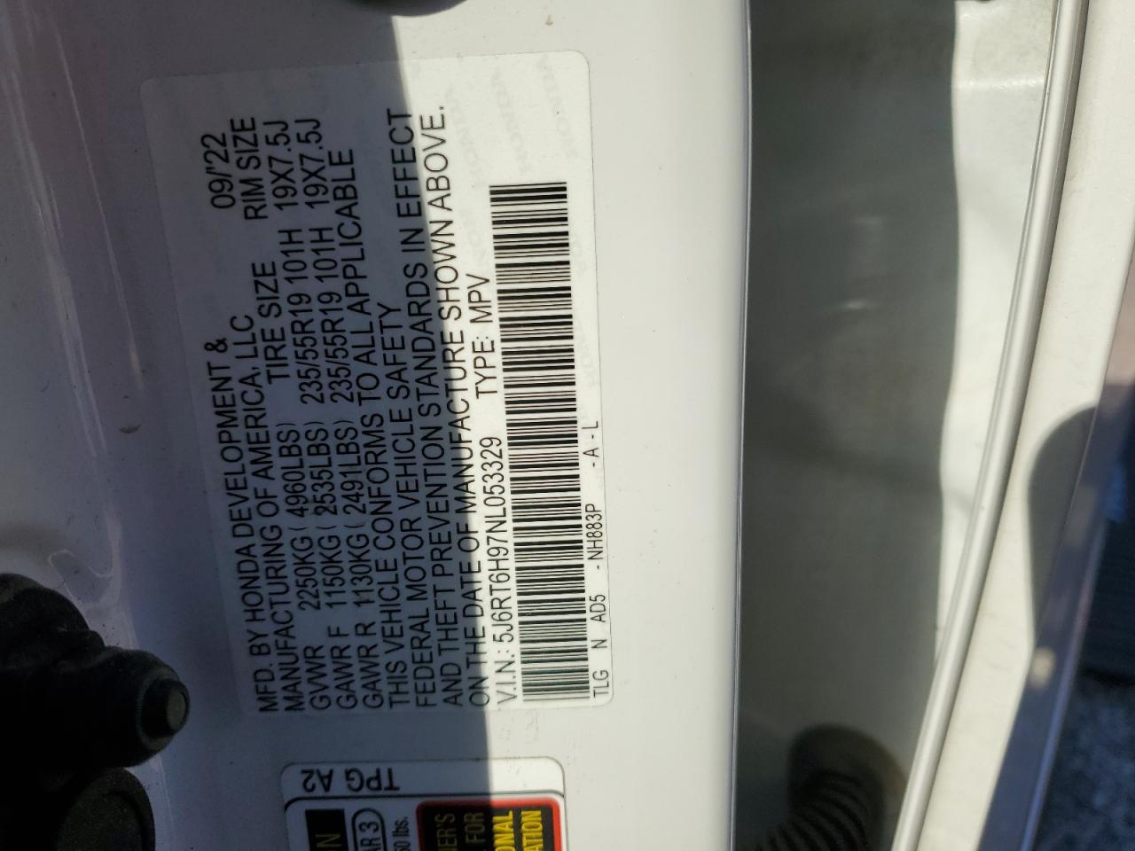 2022 Honda Cr-V Touring VIN: 5J6RT6H97NL053329 Lot: 90888075