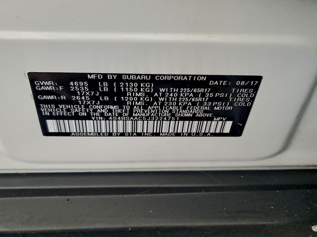 2018 Subaru Outback 2.5I VIN: 4S4BSAAC5J3224751 Lot: 94744435