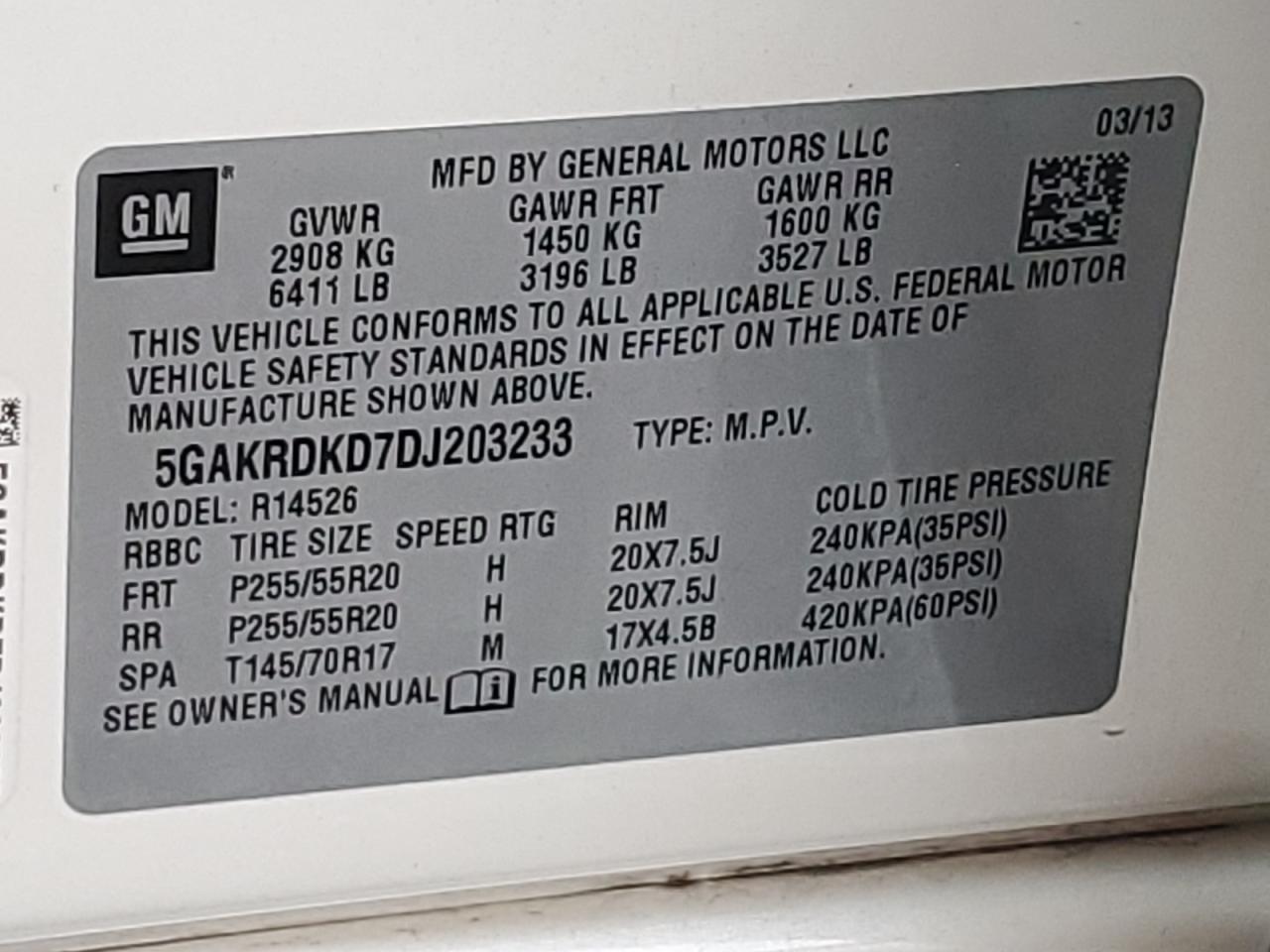 2013 Buick Enclave VIN: 5GAKRDKD7DJ203233 Lot: 92754985