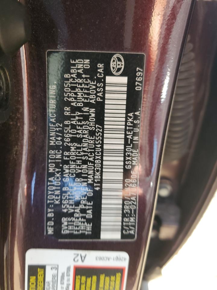 2012 Toyota Avalon Base VIN: 4T1BK3DBXCU455527 Lot: 93011255