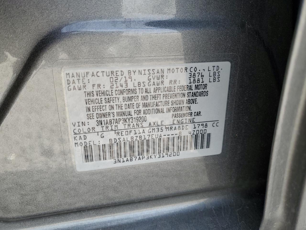 2019 Nissan Sentra S VIN: 3N1AB7AP3KY319200 Lot: 91223445