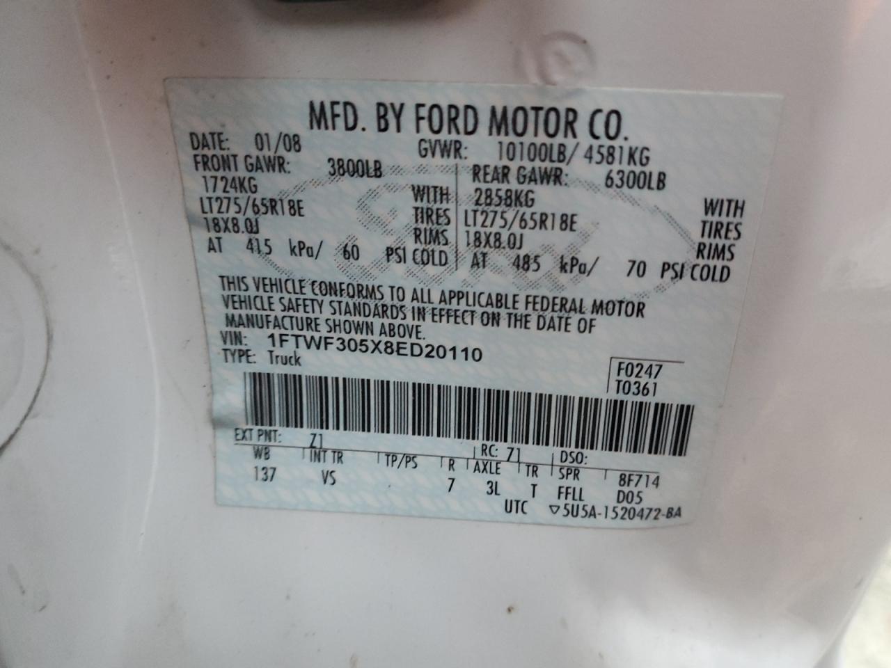 2008 Ford F350 Srw Super Duty VIN: 1FTWF305X8ED20110 Lot: 92260885