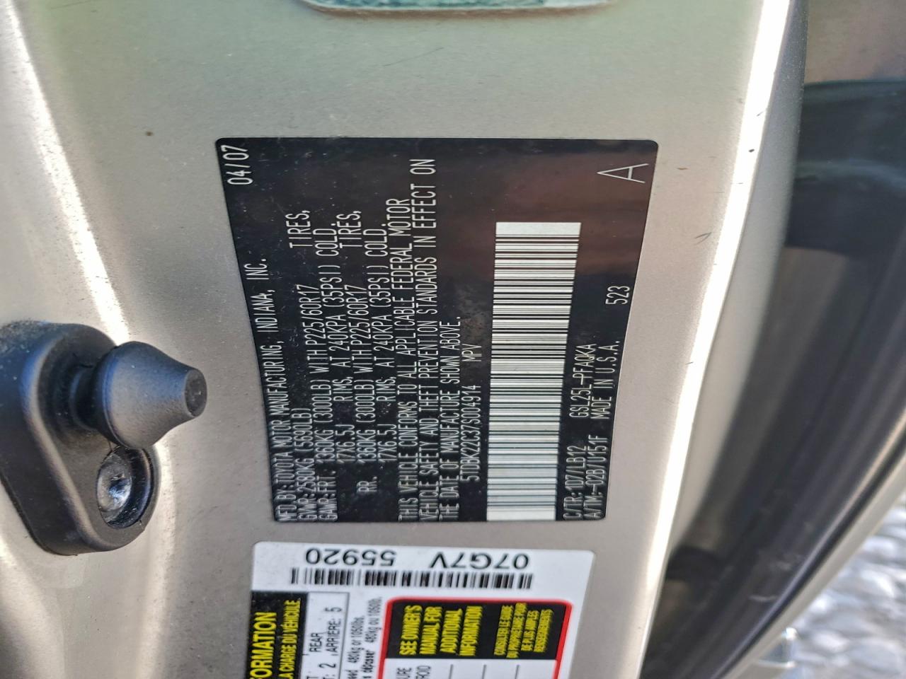 2007 Toyota Sienna Xle VIN: 5TDBK22C37S004914 Lot: 92665175