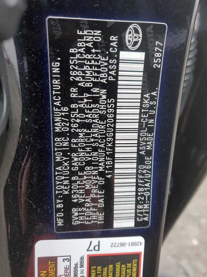 2016 Toyota Camry Le VIN: 4T1BF1FK9GU206955 Lot: 93738055