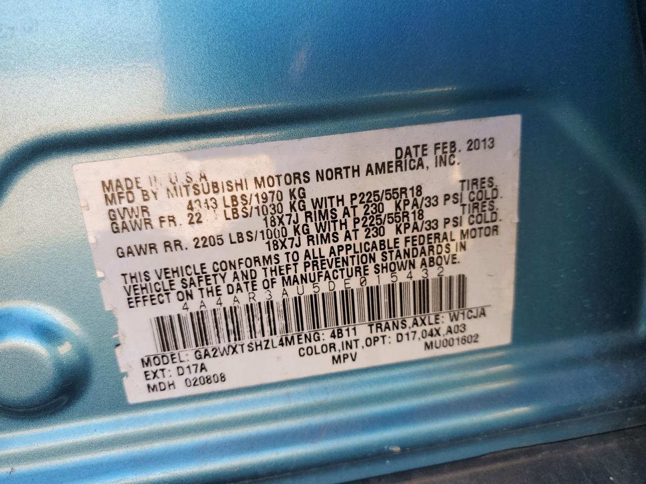 2013 Mitsubishi Outlander Sport Es VIN: 4A4AR3AU5DE015432 Lot: 93345975