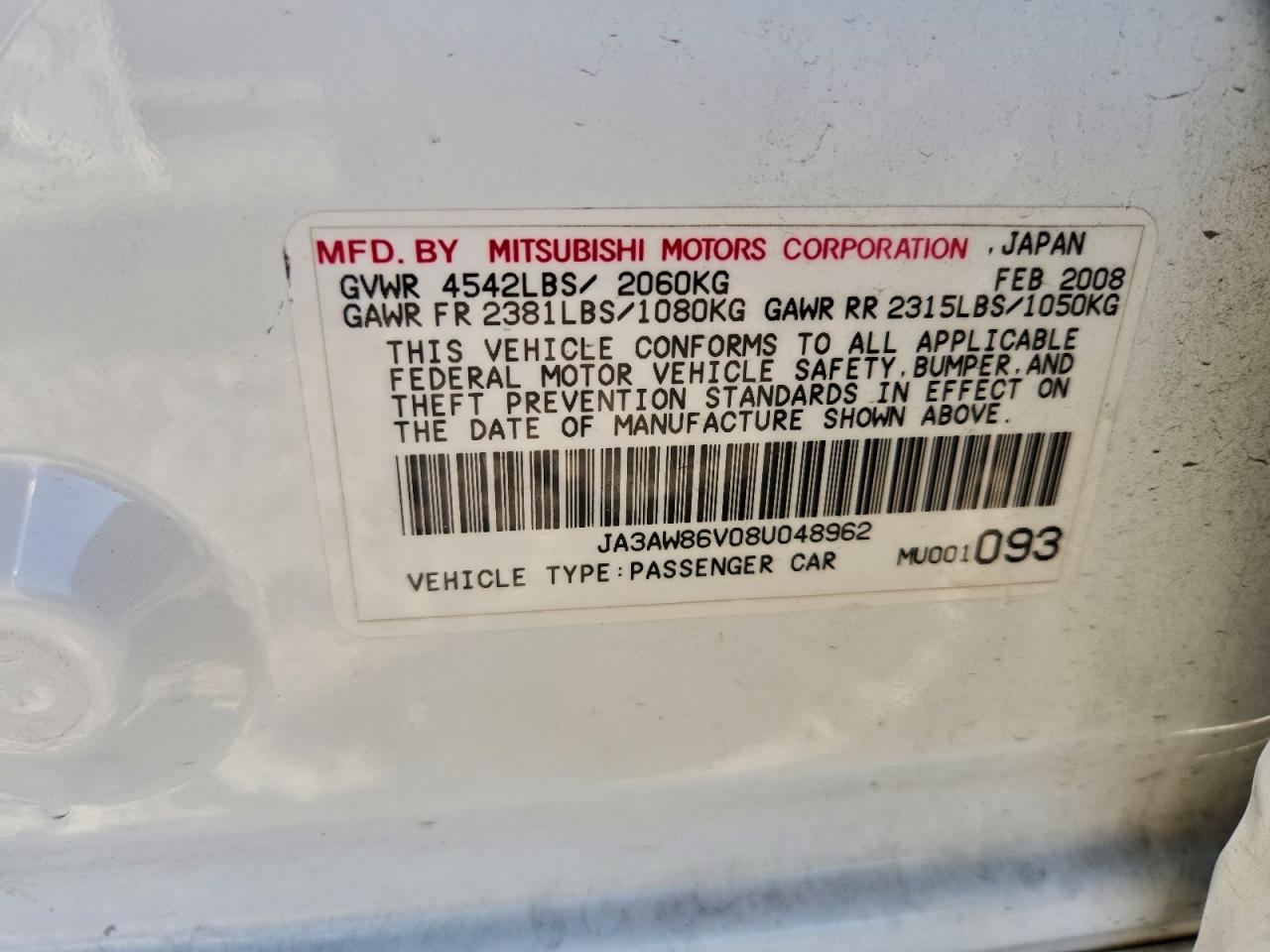 2008 Mitsubishi Lancer Evolution Gsr VIN: JA3AW86V08U048962 Lot: 94577255