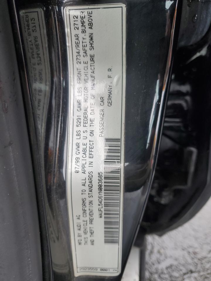 2000 Audi A8 Quattro VIN: WAUFL54D6YN003685 Lot: 92690465