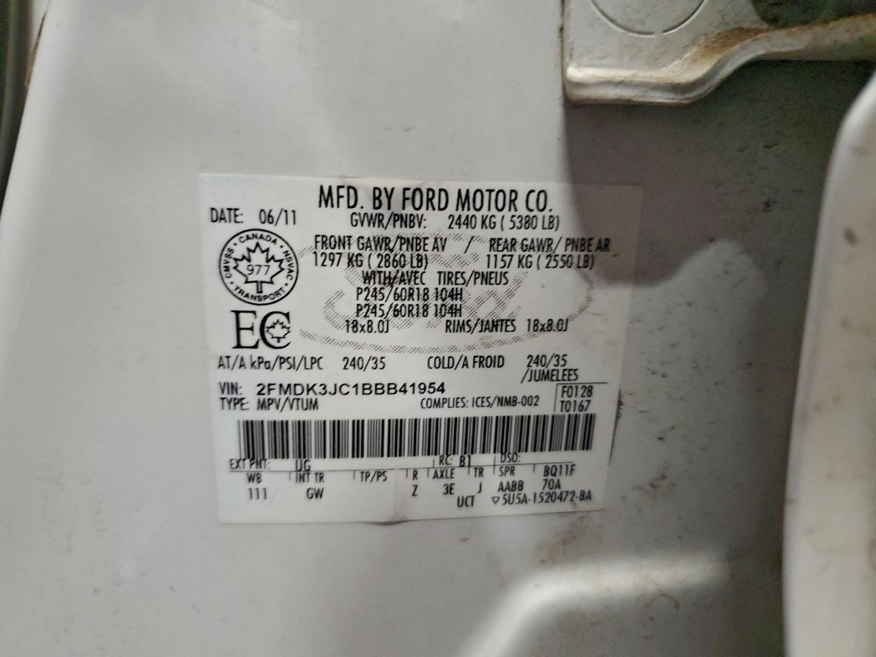 2011 Ford Edge Sel VIN: 2FMDK3JC1BBB41954 Lot: 93883235