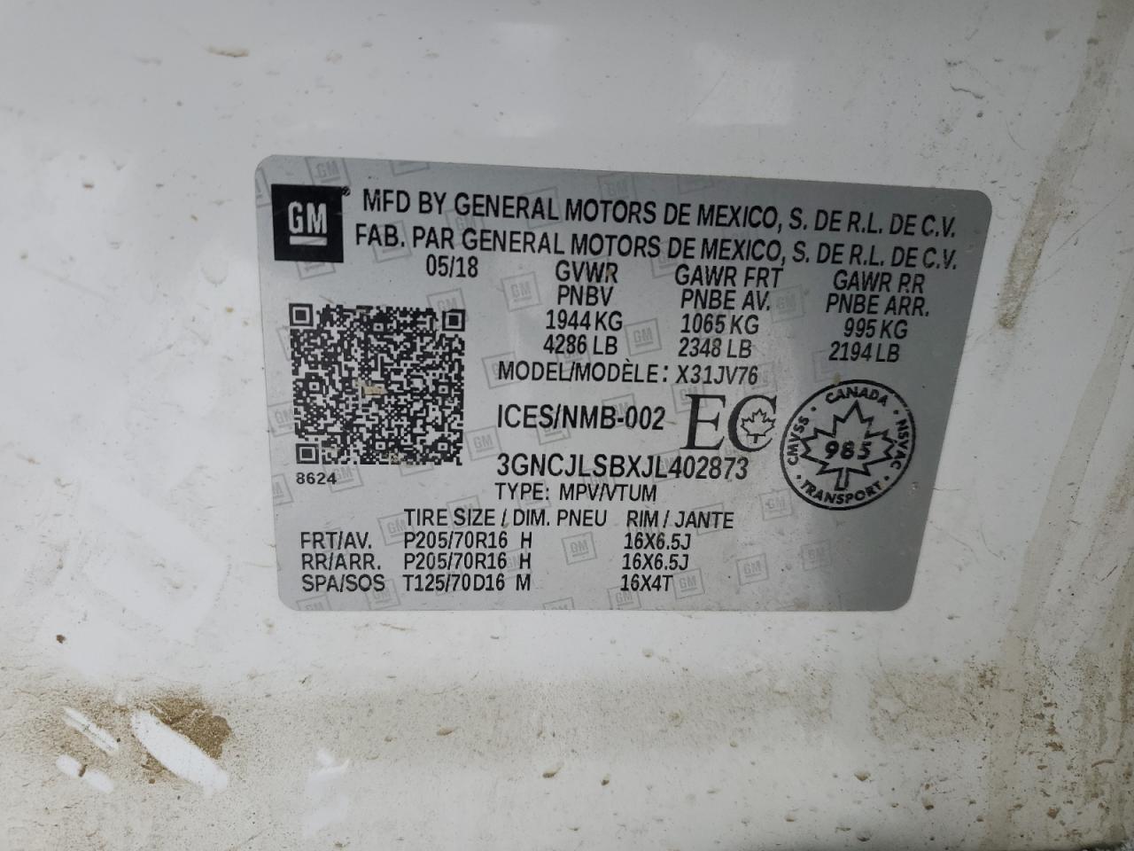 2018 Chevrolet Trax 1Lt VIN: 3GNCJLSBXJL402873 Lot: 92042335