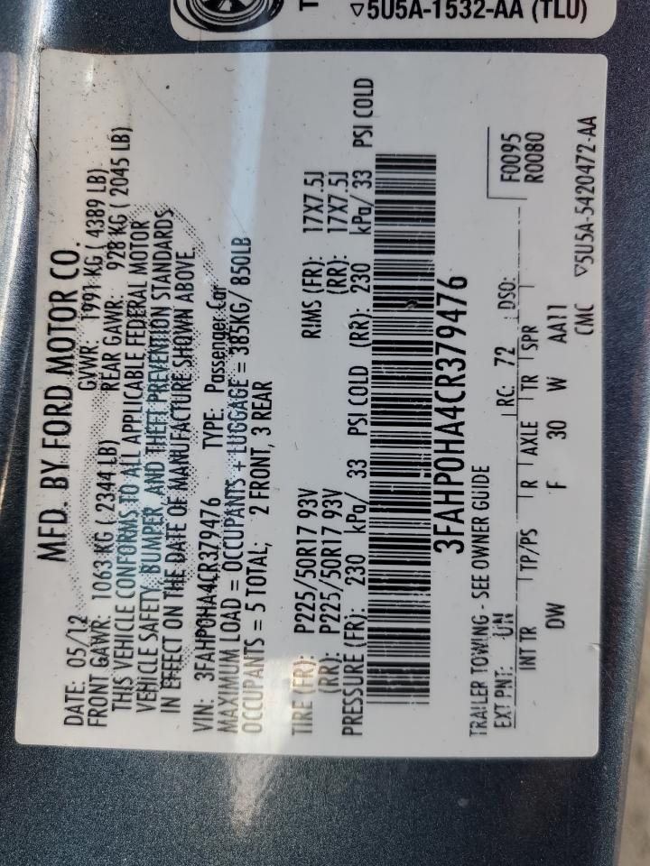 2012 Ford Fusion Se VIN: 3FAHP0HA4CR379476 Lot: 92403145