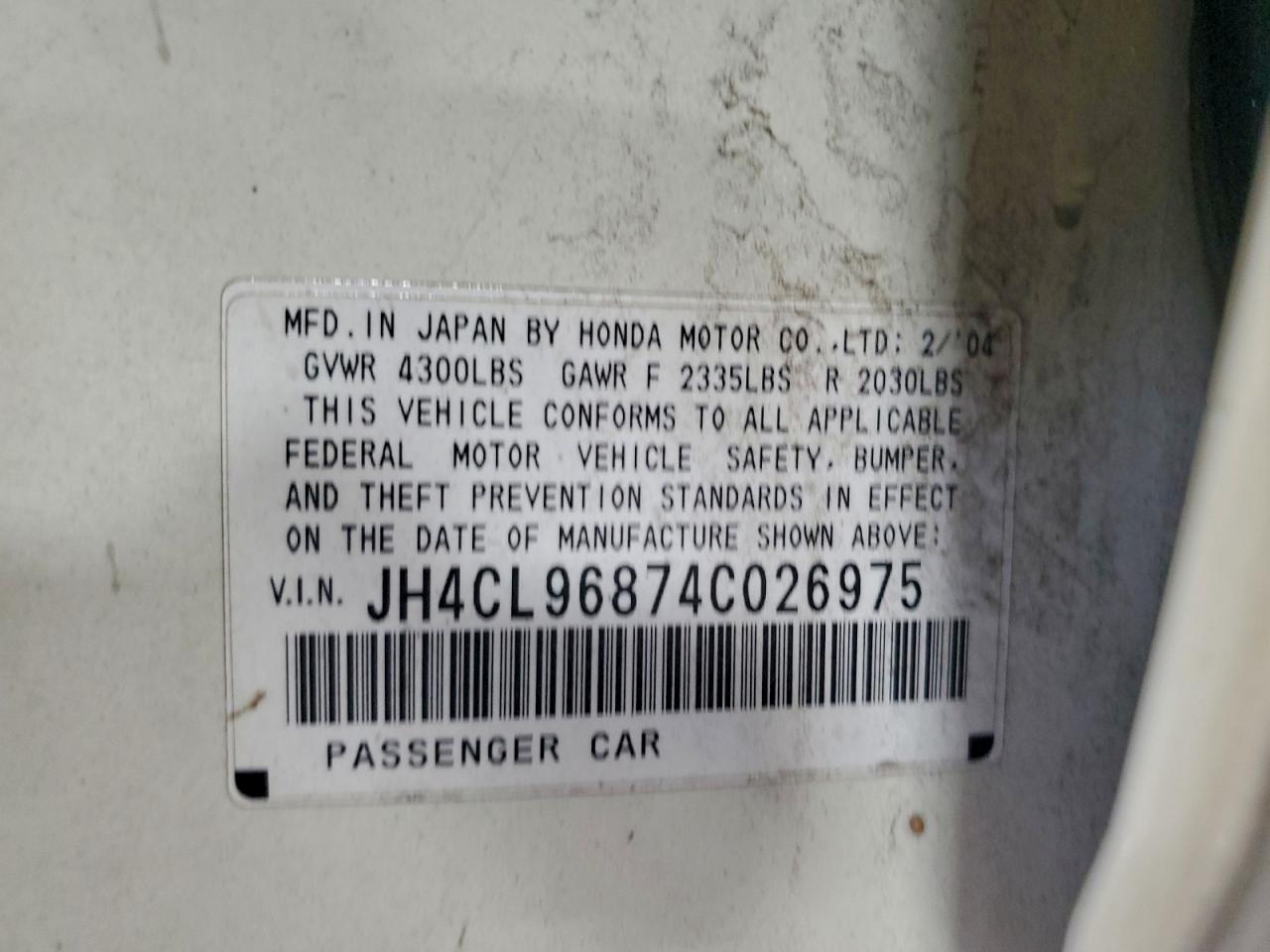 2004 Acura Tsx VIN: JH4CL96874C026975 Lot: 94521665