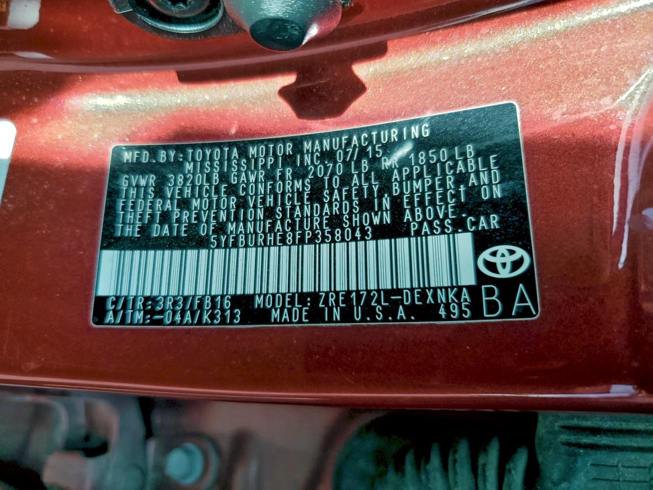 2015 Toyota Corolla L VIN: 5YFBURHE8FP358043 Lot: 94137125