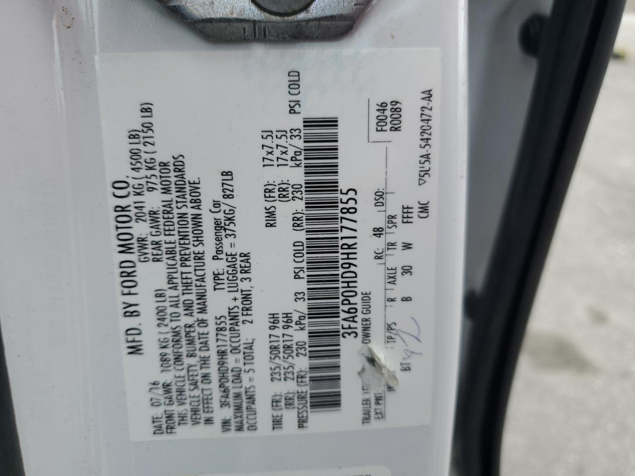 2017 Ford Fusion Se VIN: 3FA6P0HD9HR177855 Lot: 91785625