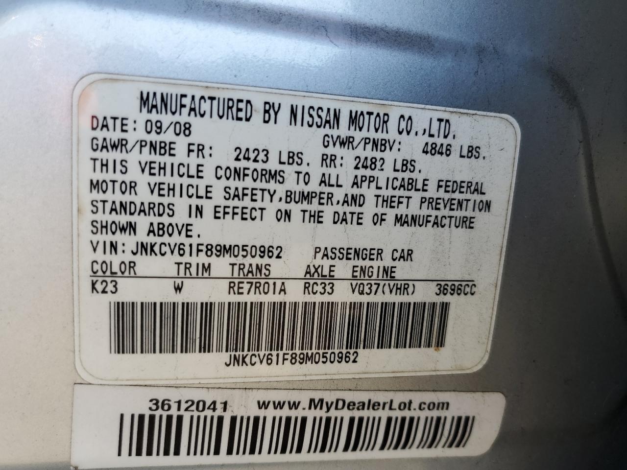 2009 Infiniti G37 VIN: JNKCV61F89M050962 Lot: 91814045