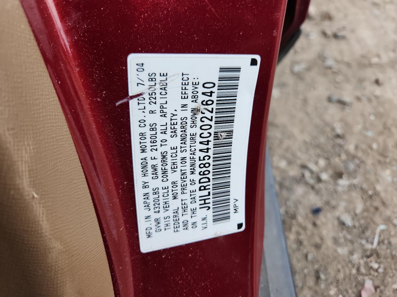 2004 Honda Cr-V Lx VIN: JHLRD68544C022640 Lot: 91970155