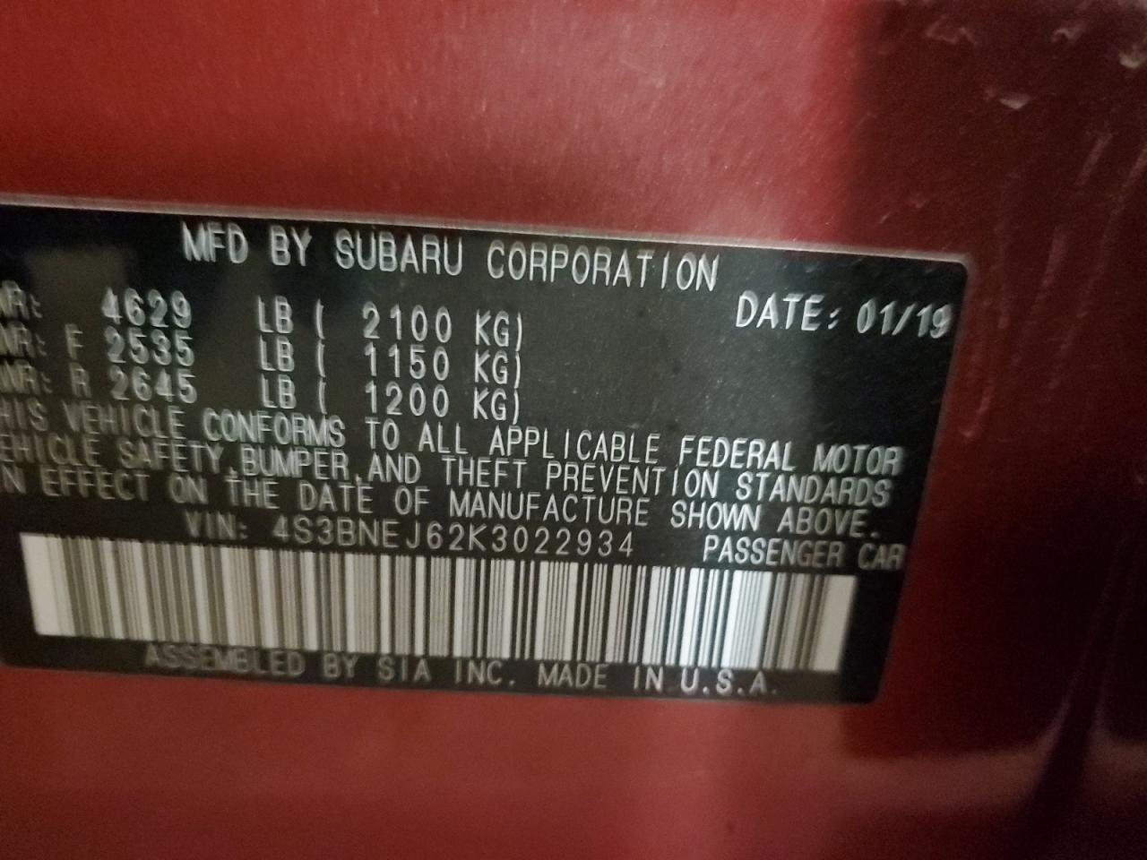 2019 Subaru Legacy 3.6R Limited VIN: 4S3BNEJ62K3022934 Lot: 91861625