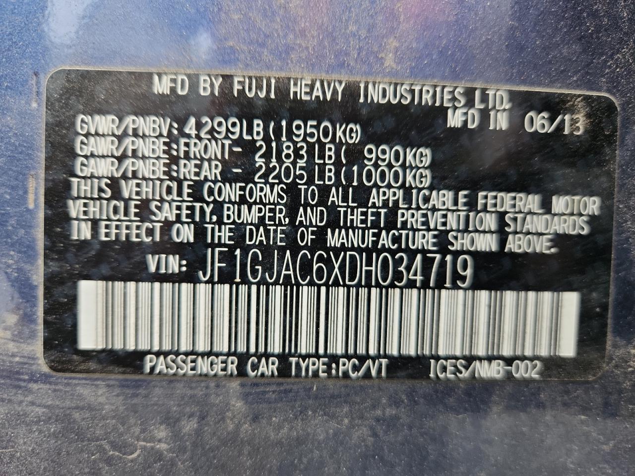 2013 Subaru Impreza Premium VIN: JF1GJAC6XDH034719 Lot: 93716915