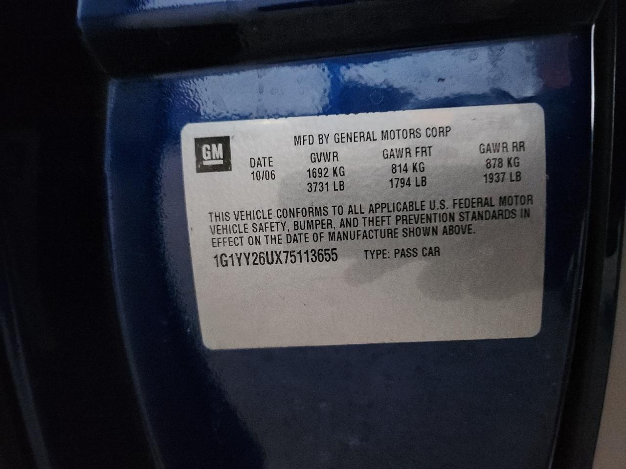 2007 Chevrolet Corvette VIN: 1G1YY26UX75113655 Lot: 91713765