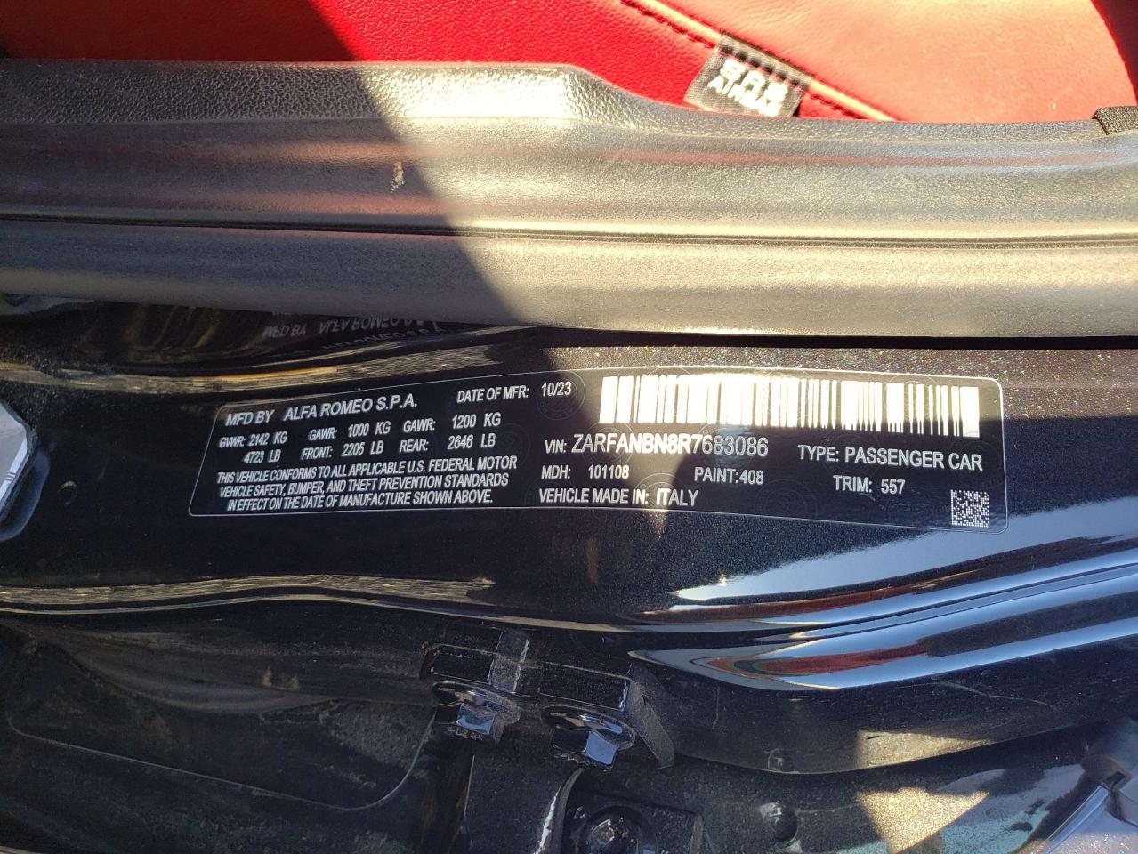 2024 Alfa Romeo Giulia Ti VIN: ZARFANBN8R7683086 Lot: 90792355
