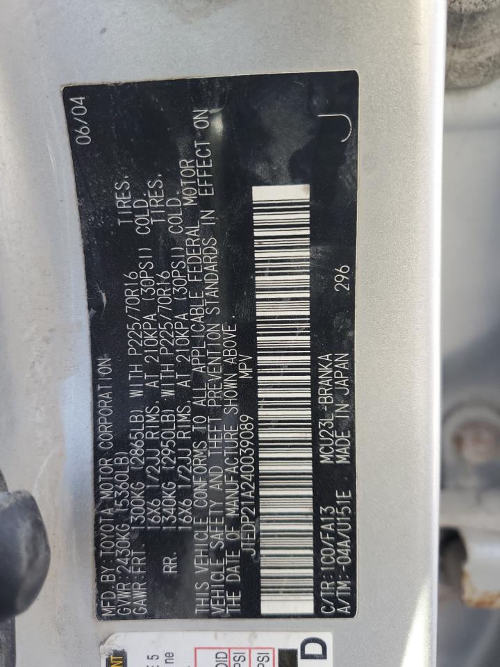 2004 Toyota Highlander Base VIN: JTEDP21A240039089 Lot: 91015665