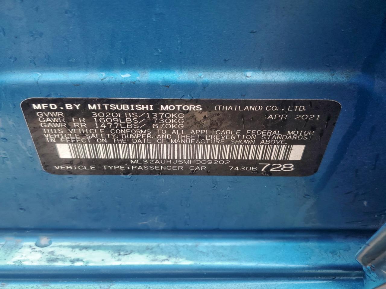 2021 Mitsubishi Mirage Es VIN: ML32AUHJ5MH009202 Lot: 94076075