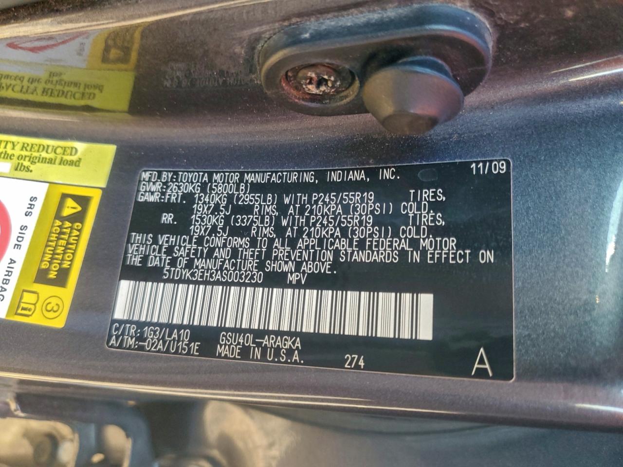 2010 Toyota Highlander Limited VIN: 5TDYK3EH3AS003230 Lot: 94372725