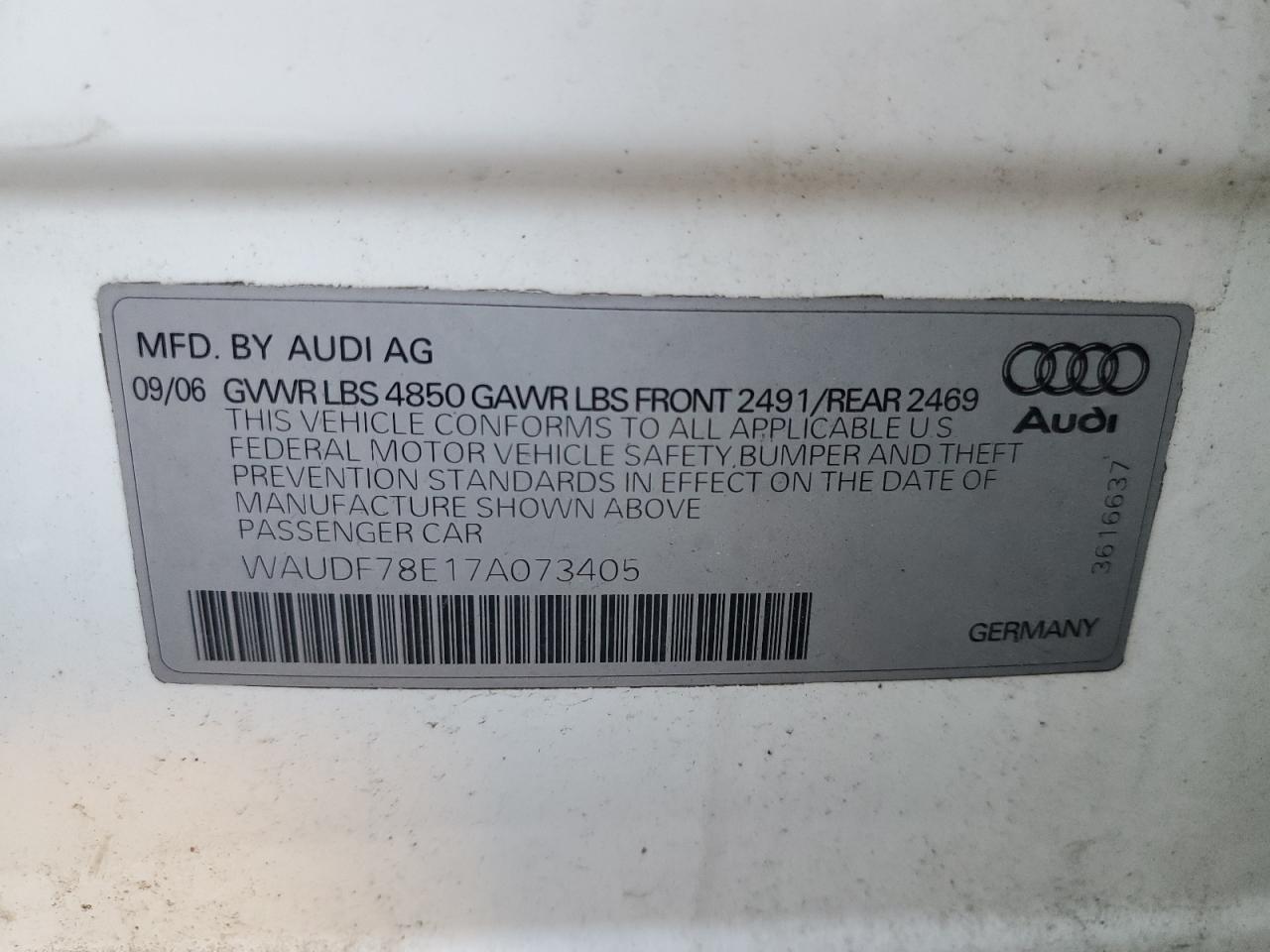 2007 Audi A4 2.0T Quattro VIN: WAUDF78E17A073405 Lot: 91100015