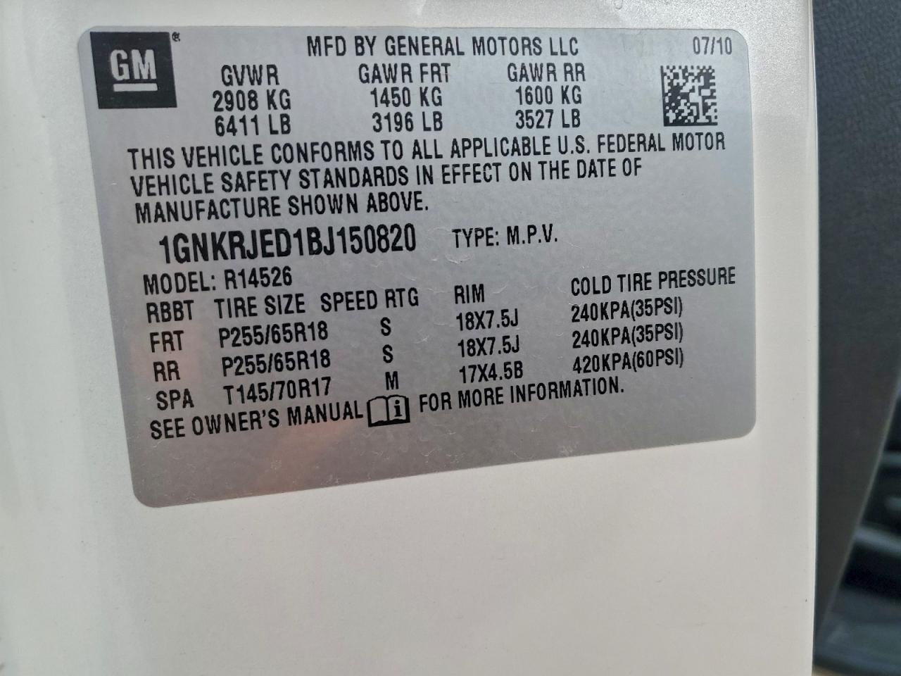 2011 Chevrolet Traverse Lt VIN: 1GNKRJED1BJ150820 Lot: 94333525