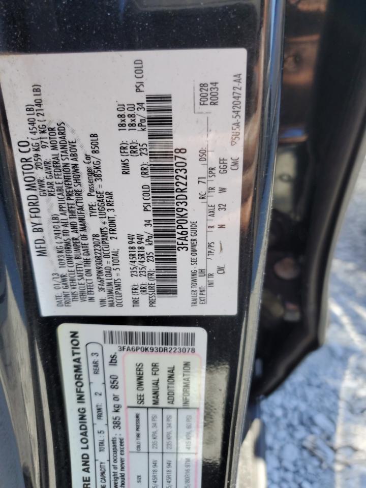 2013 Ford Fusion Titanium VIN: 3FA6P0K93DR223078 Lot: 93187965