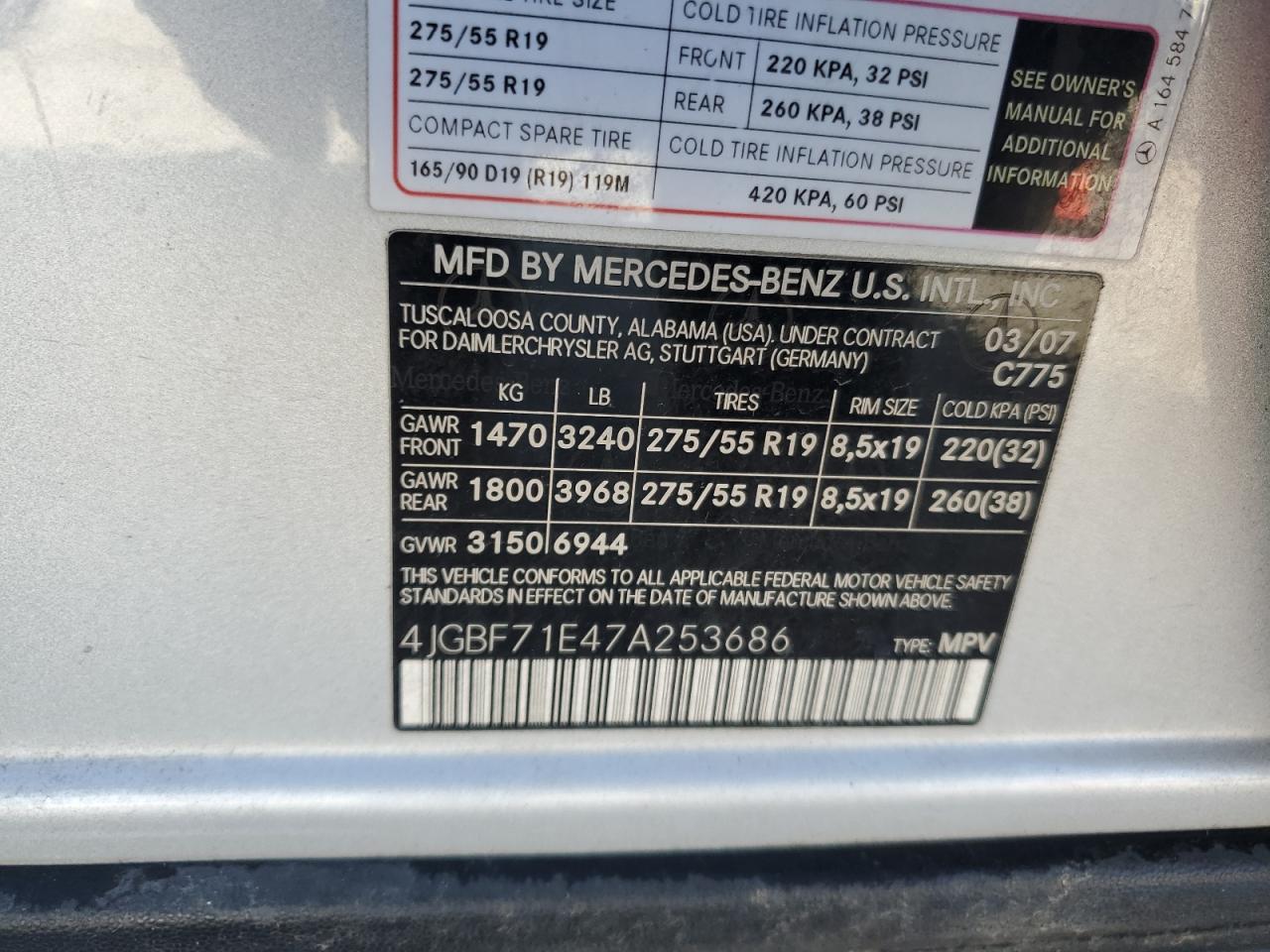 2007 Mercedes-Benz Gl 450 4Matic VIN: 4JGBF71E47A253686 Lot: 91938135