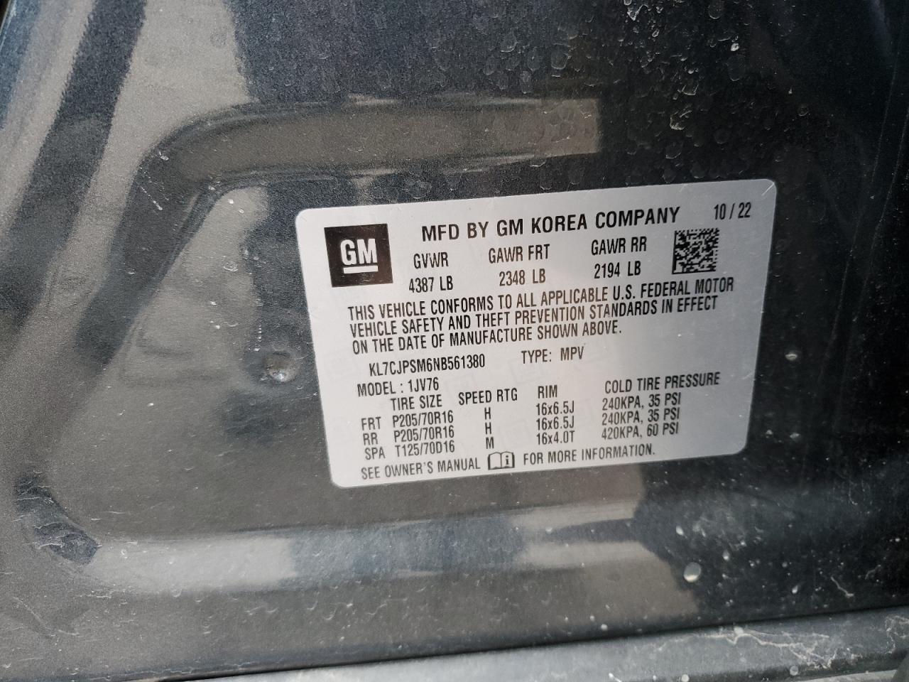 2022 Chevrolet Trax 1Lt VIN: KL7CJPSM6NB561380 Lot: 92198985