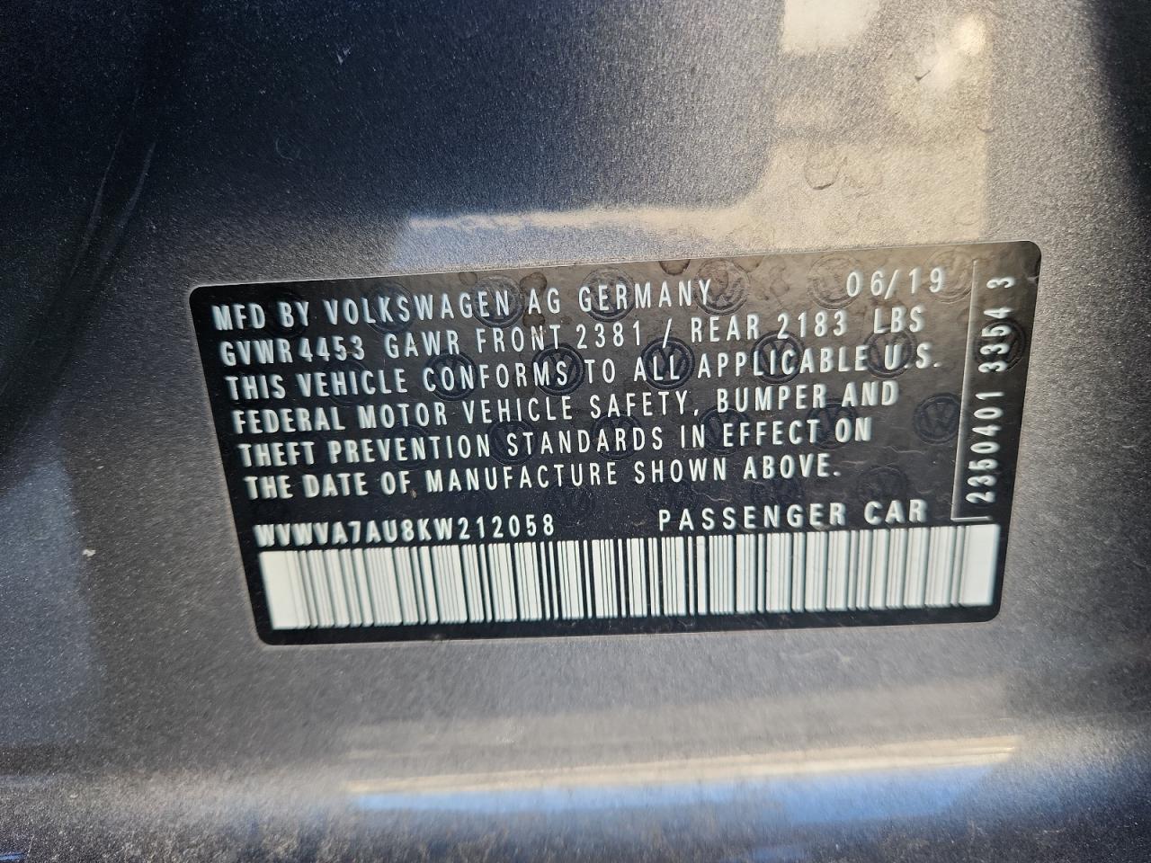 2019 Volkswagen Golf R VIN: WVWVA7AU8KW212058 Lot: 91409285