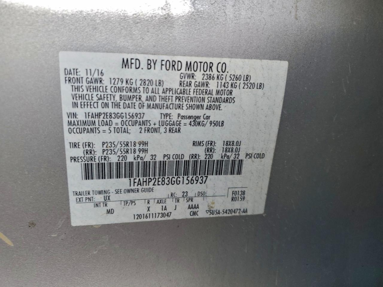 2016 Ford Taurus Sel VIN: 1FAHP2E83GG156937 Lot: 94222525