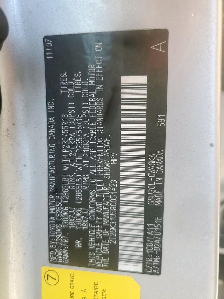 2008 Lexus Rx 350 VIN: 2T2GK31U58C051423 Lot: 91358855