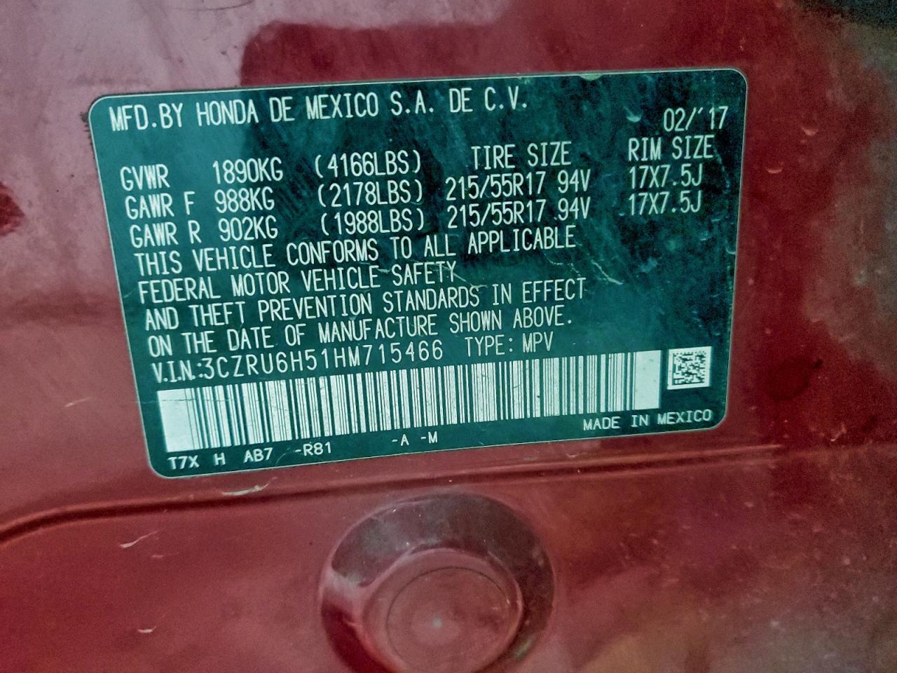 2017 Honda Hr-V Ex VIN: 3CZRU6H51HM715466 Lot: 94314485